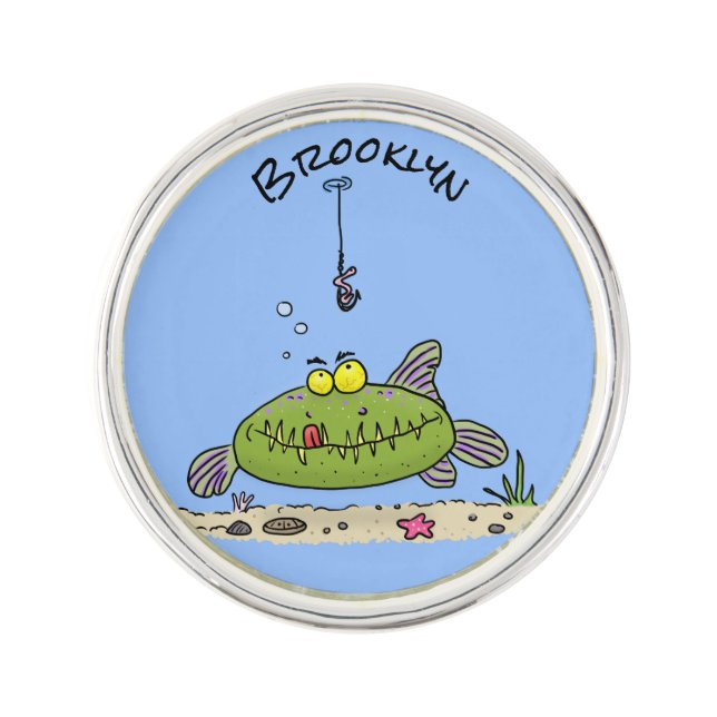 Funny fat hungry green fish fishing cartoon lapel pin (Front)