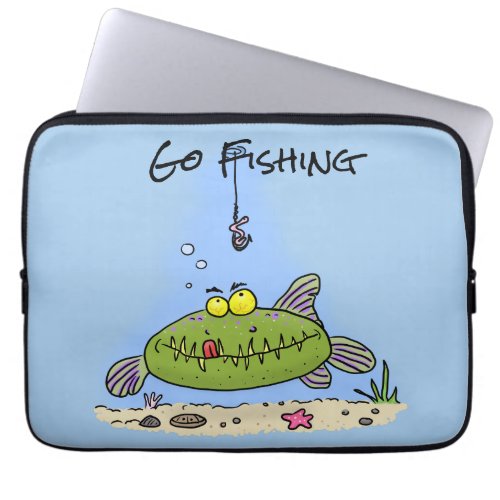 Funny fat hungry green fish fishing cartoon laptop sleeve