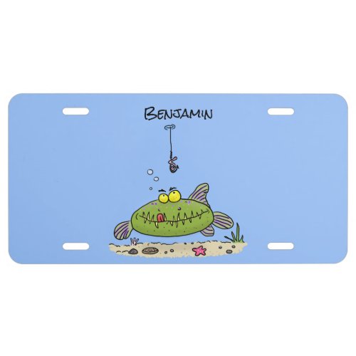 Funny fat hungry green fish fishing cartoon  license plate