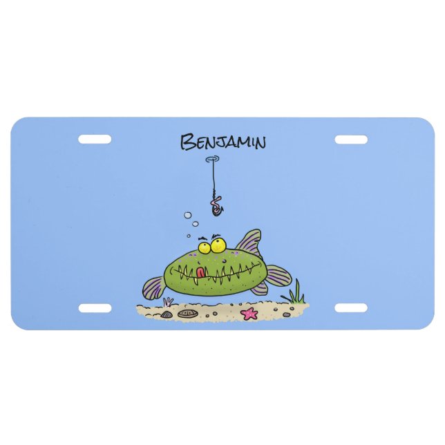 Funny fat hungry green fish fishing cartoon  license plate (Front)