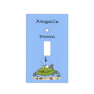 Funny fat hungry green fish fishing cartoon  light switch cover