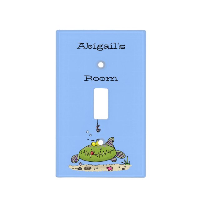 Funny fat hungry green fish fishing cartoon  light switch cover (Front)