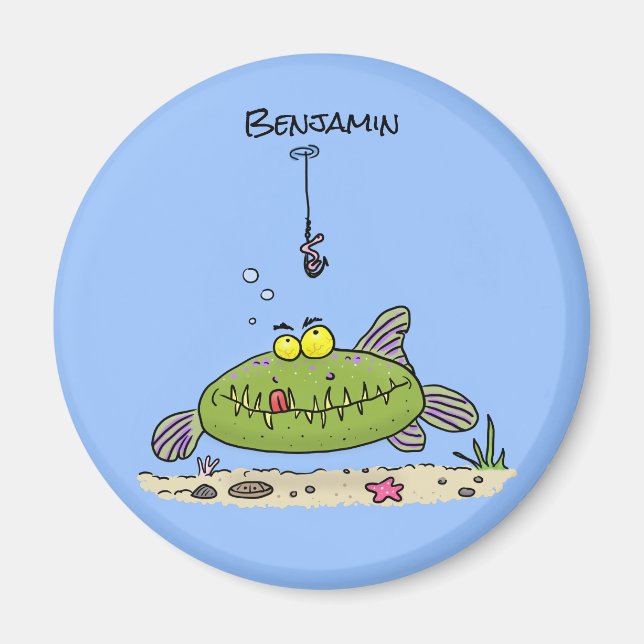 Funny fat hungry green fish fishing cartoon magnet (Front)