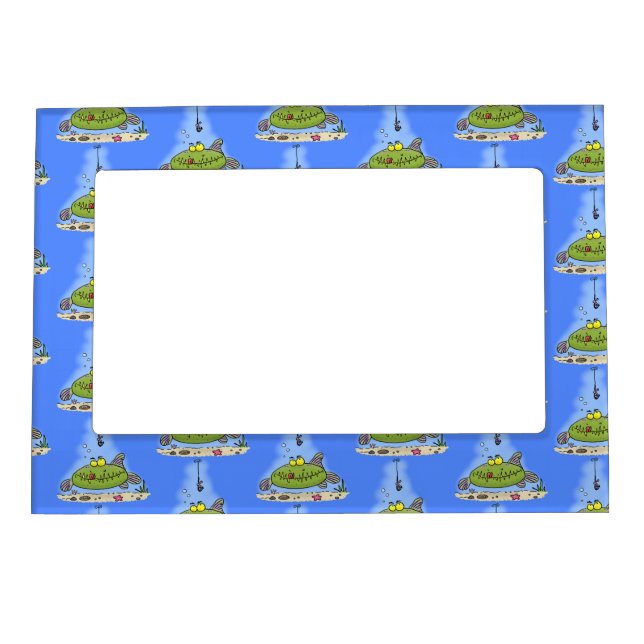 Funny fat hungry green fish fishing cartoon magnetic frame (Front)