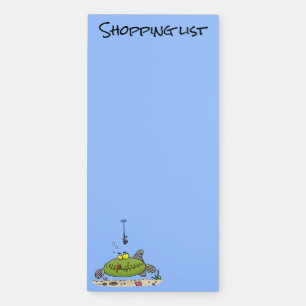 Funny fat hungry green fish fishing cartoon magnetic notepad