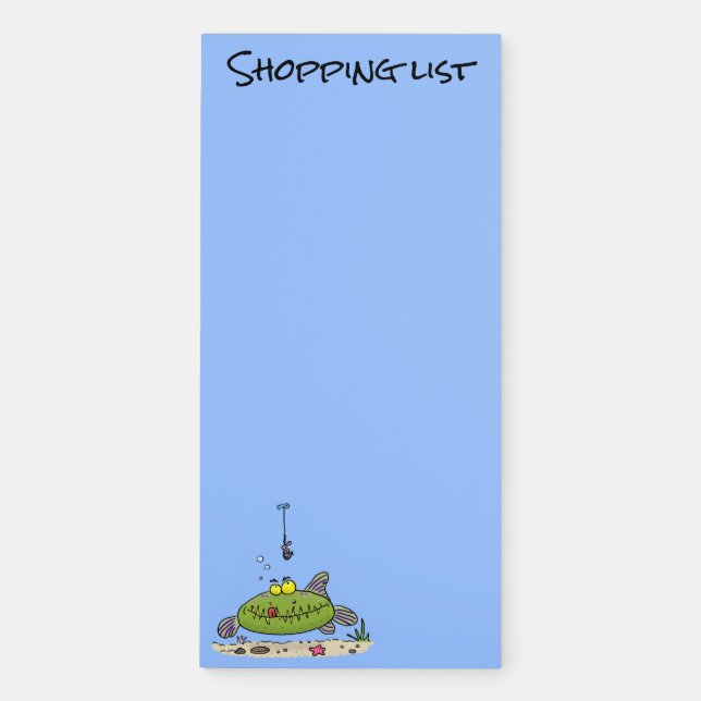 Funny fat hungry green fish fishing cartoon magnetic notepad (Front)