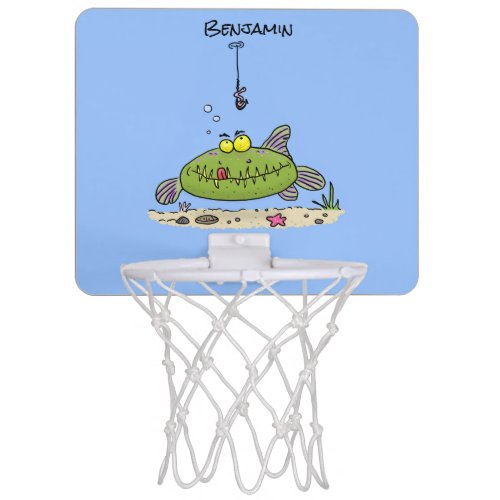 Funny fat hungry green fish fishing cartoon mini basketball hoop