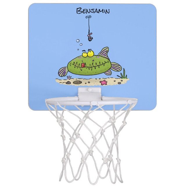 Funny fat hungry green fish fishing cartoon mini basketball hoop (Front)