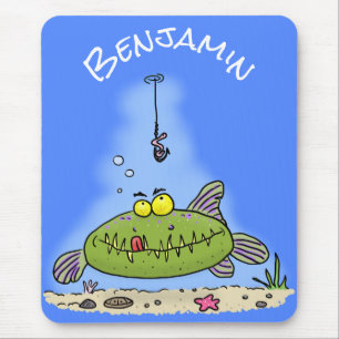 Funny fat hungry green fish fishing cartoon mouse pad