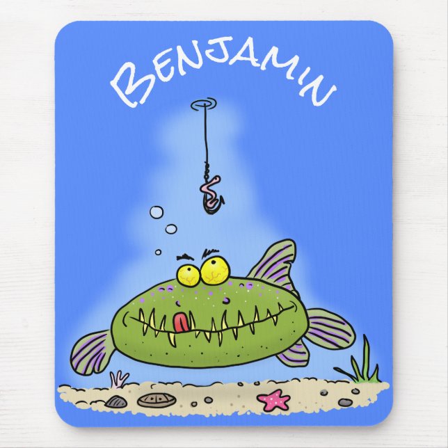 Funny fat hungry green fish fishing cartoon mouse pad (Front)