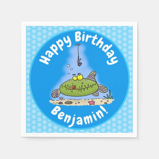 Funny fat hungry green fish fishing cartoon napkins (Front)