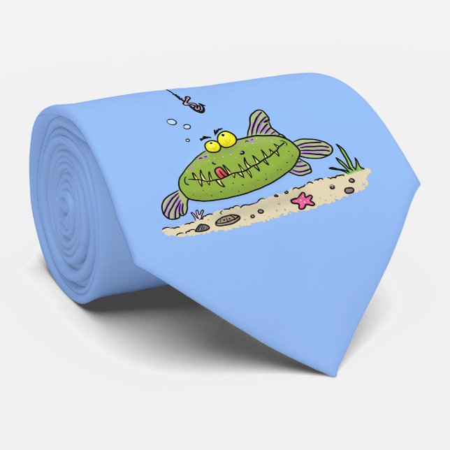 Funny fat hungry green fish fishing cartoon neck tie (Rolled)