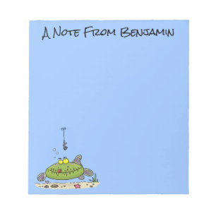 Funny fat hungry green fish fishing cartoon notepad