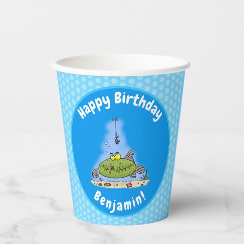 Funny fat hungry green fish fishing cartoon paper cups