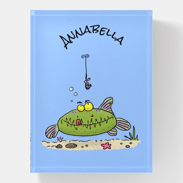 Funny fat hungry green fish fishing cartoon paperweight (Vertical)