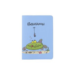 Funny fat hungry green fish fishing cartoon passport holder