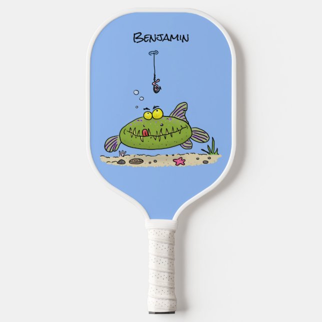 Funny fat hungry green fish fishing cartoon  pickleball paddle (Front)