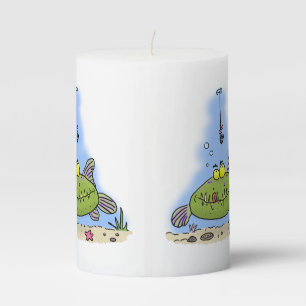 Funny fat hungry green fish fishing cartoon pillar candle