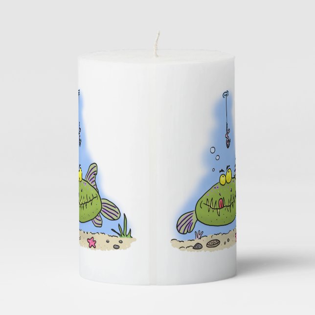 Funny fat hungry green fish fishing cartoon pillar candle (Back)