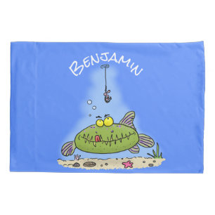Funny fat hungry green fish fishing cartoon pillow case