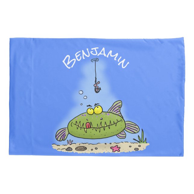 Funny fat hungry green fish fishing cartoon pillow case (Back)