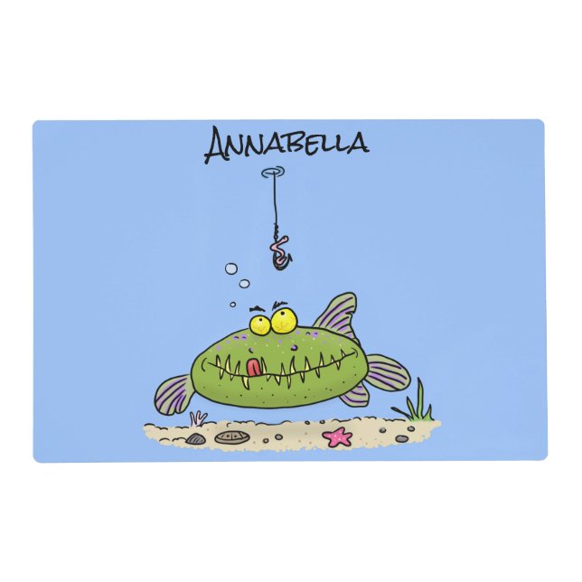 Funny fat hungry green fish fishing cartoon placemat (Front)