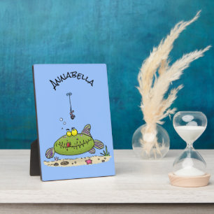 Funny fat hungry green fish fishing cartoon plaque