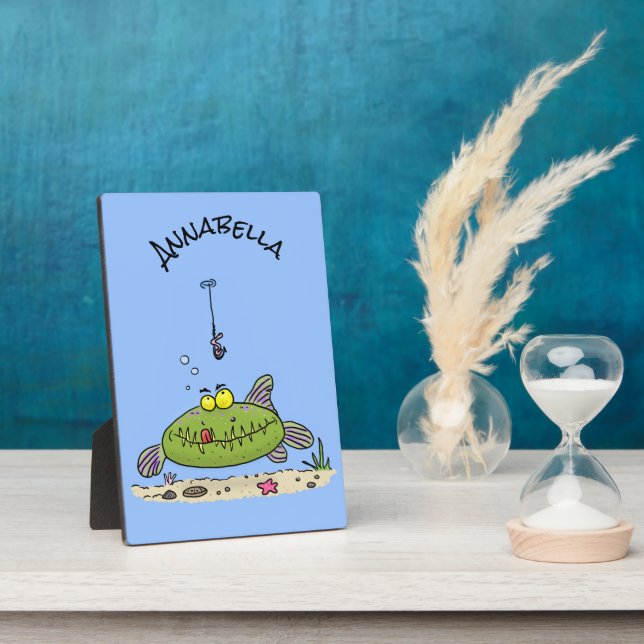 Funny fat hungry green fish fishing cartoon plaque (Side)