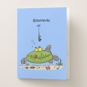 Funny fat hungry green fish fishing cartoon pocket folder