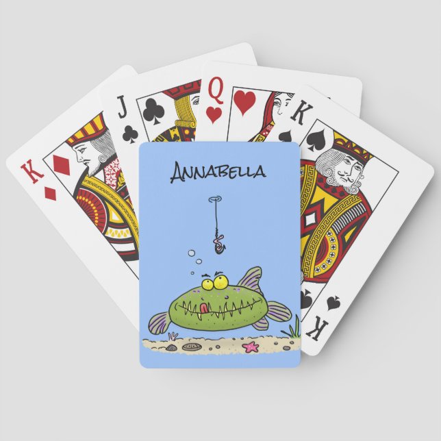 Funny fat hungry green fish fishing cartoon poker cards (Back)