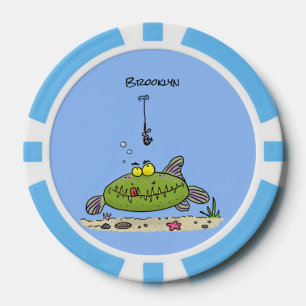Funny fat hungry green fish fishing cartoon poker chips