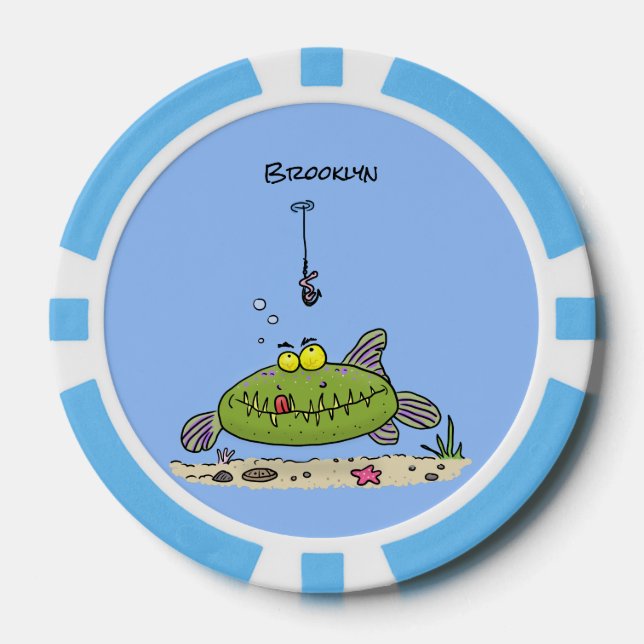 Funny fat hungry green fish fishing cartoon poker chips (Front)