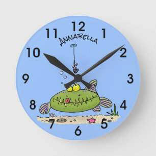 Funny fat hungry green fish fishing cartoon round clock
