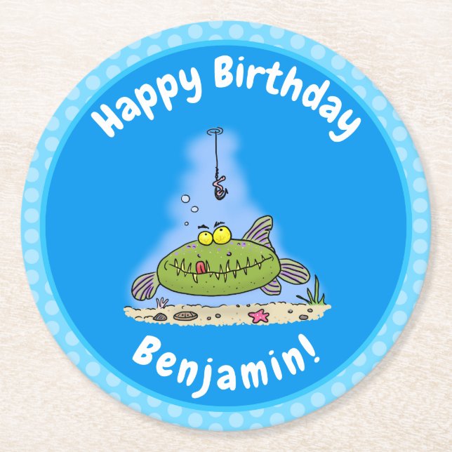 Funny fat hungry green fish fishing cartoon round paper coaster (Front)