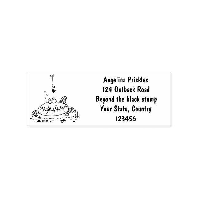Funny fat hungry green fish fishing cartoon rubber stamp (Imprint)