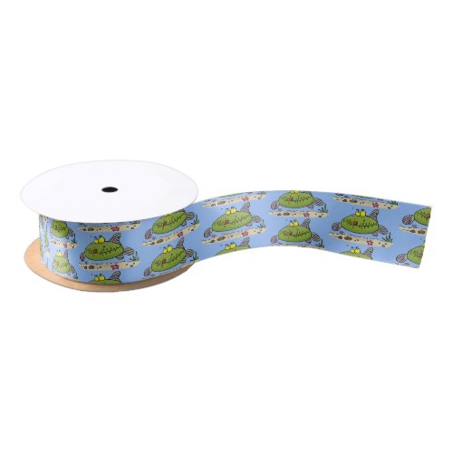 Funny fat hungry green fish fishing cartoon satin ribbon