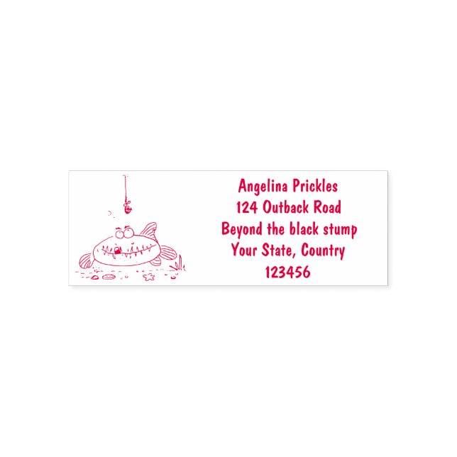 Funny fat hungry green fish fishing cartoon self-inking stamp (Design)