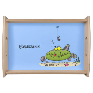 Funny fat hungry green fish fishing cartoon serving tray
