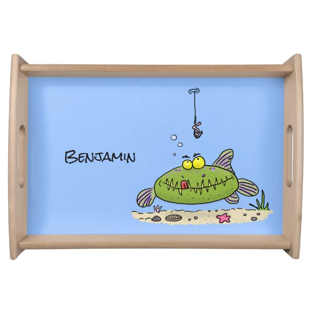 Funny fat hungry green fish fishing cartoon serving tray (Front)