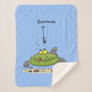 Funny fat hungry green fish fishing cartoon sherpa blanket