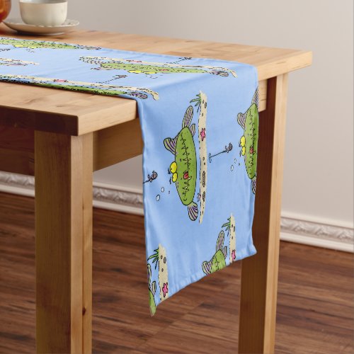 Funny fat hungry green fish fishing cartoon short table runner