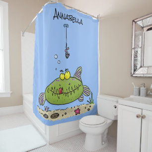 Funny fat hungry green fish fishing cartoon shower curtain