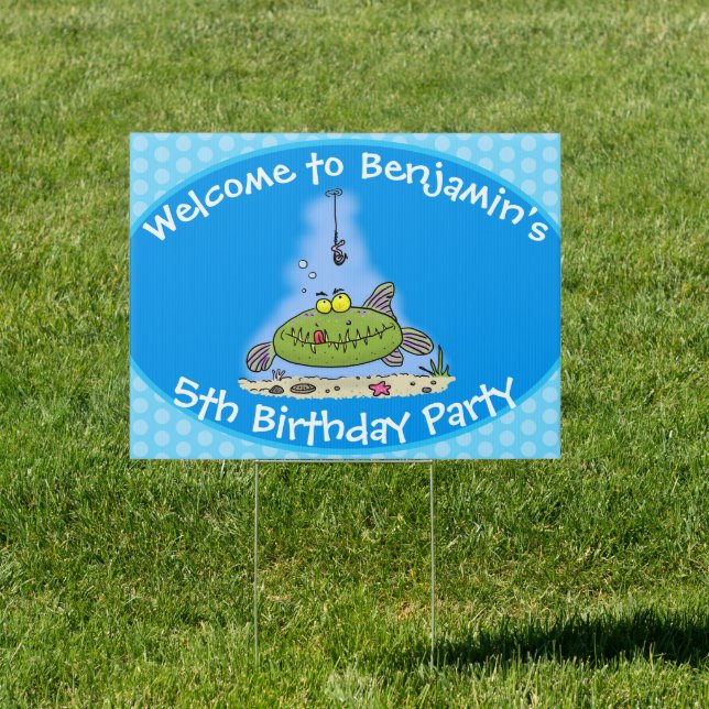 Funny fat hungry green fish fishing cartoon sign (Insitu)