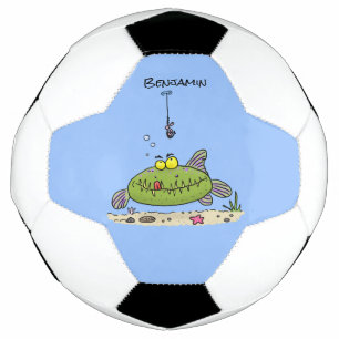 Funny fat hungry green fish fishing cartoon soccer ball