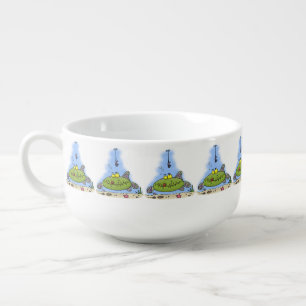 Funny fat hungry green fish fishing cartoon soup mug