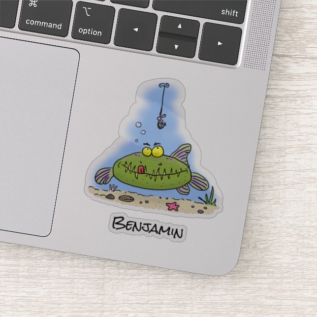 Funny fat hungry green fish fishing cartoon sticker (Detail)