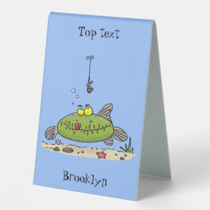 Funny fat hungry green fish fishing cartoon table tent