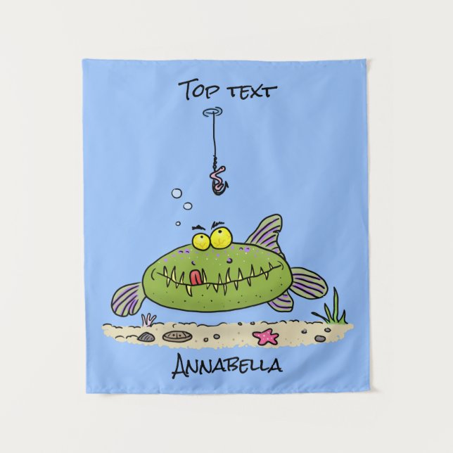 Funny fat hungry green fish fishing cartoon  tapestry (Front)