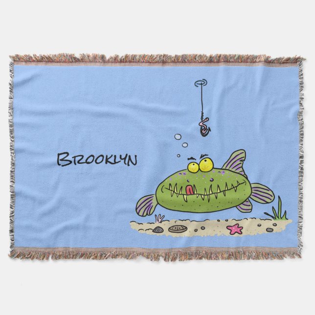 Funny fat hungry green fish fishing cartoon throw blanket (Front)