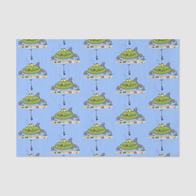 Funny fat hungry green fish fishing cartoon tissue paper (Front)